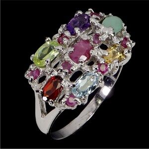 STUNNING! Multi Natural gemstone Ring Sz 8. 925 Sterling Silver 2+CT of Gems 5x3